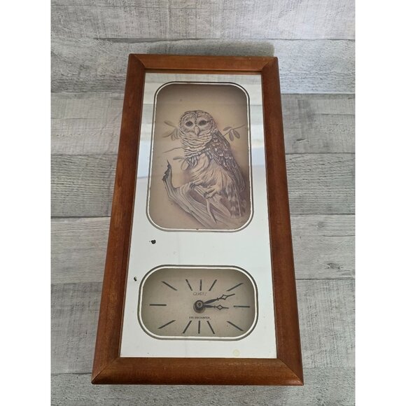 Vintage Snowy Owl Art & Quartz Clock In Wood Frame Mirrored - Picture 1 of 8
